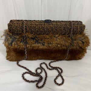 Chanel Brown Fur Tweed Chain Shoulder Bag Clutch